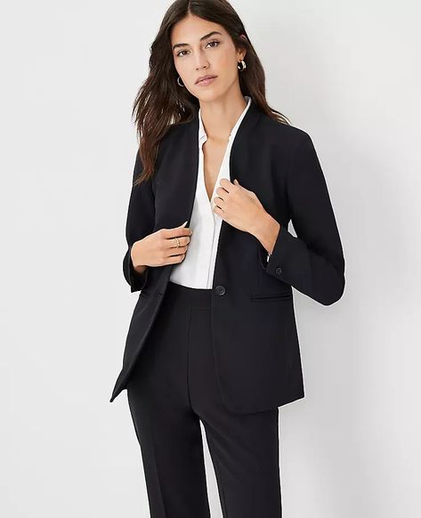 603689 Collarless Blazer Outfits For Women, Black Blazer Outfit Work Business Professional Women, Black Suit For Women, Business Professional Women, Collarless Blazer, Long Sleeve Suit, Petite Blazer, Open Sleeves, Design Boards