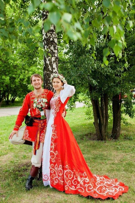 Russian couple in traditional attires on their wedding day Wedding Couple Dresses, Russian Wedding Dress, Couple Dresses, Russian Wedding, Traditional Attires, Couple Dress, Folk Dresses, Traditional Wedding Dresses, Wedding Couple