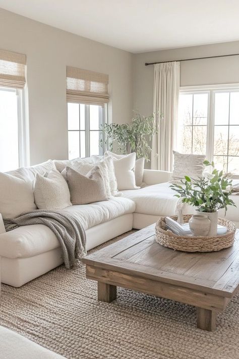 Design a cozy and inviting family room using neutral colors. Combine warm browns, soft grays, and off-whites to create a welcoming atmosphere for family gatherings. 🛋🍂✨ #NeutralFamilyRoom #CozySpaces #HomeDecor #WarmVibes Off White And White Living Room, White And Light Brown House Interior, Beige Couch Living Room Decor Cozy, Mixed Texture Living Room, White Walls White Couch, Neutral Living Room With Carpet, Cream Beige Gray Living Room, White Wall Colors For Living Room, Soft White Living Room Walls