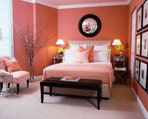 All Coral Wall Theme with Coral Bedding. Coral Bedroom Ideas For Adults, Coral Bedroom Ideas, Bedroom Ideas For Adults, Colorful Bedroom Design, Coral Bedroom, Home Bedroom Design, Gorgeous Bedrooms, Bedroom Pictures, Woman Bedroom