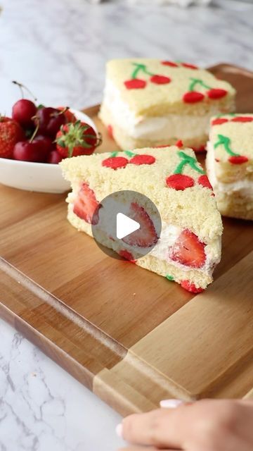 shelly bella on Instagram: "Japanese fruit sandwich🍓 traditionally it’s made with Japanese milk bread but I make cakes around here so I opted for a sponge cake. I recently saw @ohcakeswinnie make these with the cutest strawberry pattern so I gave it a try with a cherry print. How cute would these be for a summer picnic?" Japanese Fruit Sandwich, Japanese Fruit, Japanese Milk Bread, Fruit Sandwich, Milk Bread, Strawberry Pattern, Cute Strawberry, Cherry Print, Baking Ideas