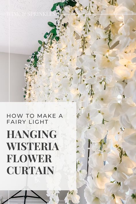 Hanging Wisteria Wedding Diy, Diy Wisteria Chandelier, How To Hang Wisteria From Ceiling, Wisteria Photo Backdrop, Curtain Photo Backdrop, Outdoor Fairy Garden, Hanging Wisteria, Fairy Lights Photos, Groomsmen Favors