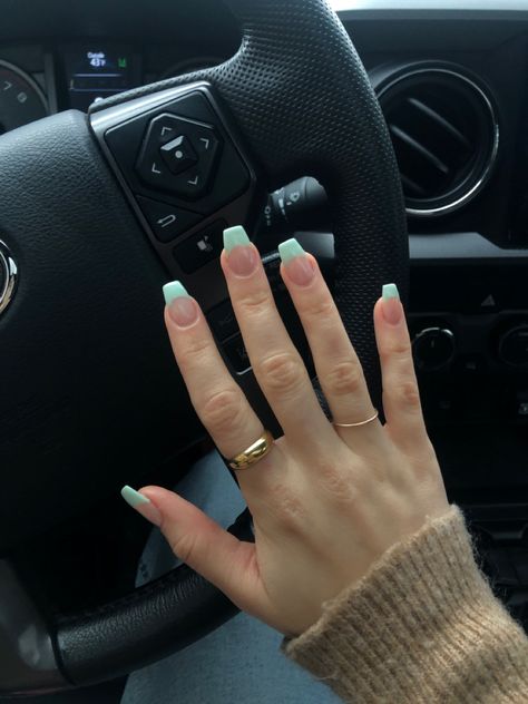 Light Green French Tip Nails Square, Fun Nail Ideas Acrylic, Mint Green French Tip Nails, Coffin Shaped French Tip Nails, Colored French Tip Nails Acrylics, Frenchie Nails, Doodle Nail Art, Tip Acrylics, Unicorn Doodle