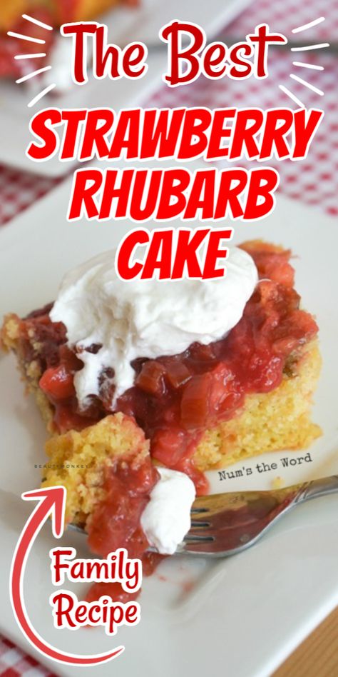 This Strawberry Rhubarb Cake is one of the most flavorful rhubarb desserts you’ll enjoy this summer!  It is easy to make and perfect for garden fresh rhubarb!  This is a simple upside down cake that will have you asking for seconds! #dessert #cake #upsidedowncake #rhubarbcake #lemonupsidedowncake #strawberrycake #strawberryrhubarb #dessert #snack #summer #freshrhubarb #frozen rhubarb #numstheword Strawberry Rhubarb Upside Down Box Cake, Rhubarb Upside Down Cake Easy, Rhubarb Upside Down Cake With Jello, Rhubarb Upside Down Cake Taste Of Home, Upside Down Rhubarb Cake Recipe, Upside Down Rhubarb Cake, Strawberry Rhubarb Upside Down Cake, Lemon Upside Down Cake, Strawberry Rhubarb Cake