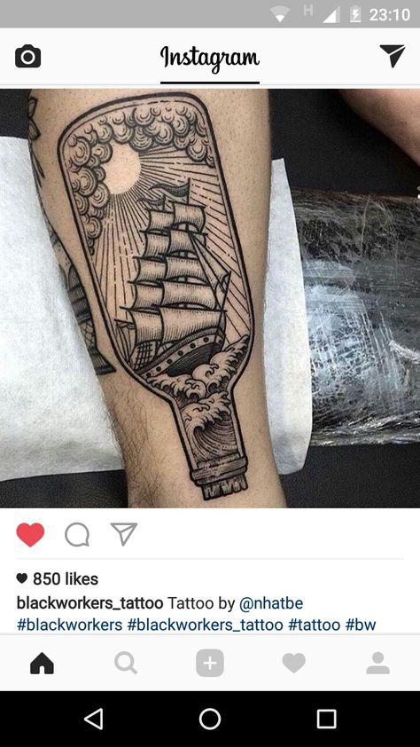 @nhatbe Ship In A Bottle Tattoo, In A Bottle Tattoo, Ship Bottle, Boat Tattoo, Woodcut Tattoo, Sailor Tattoos, Ship In A Bottle, Pirate Tattoo, Bottle Tattoo