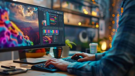 AI generated Creative Designer Enhances Graphic Resources on Modern Computer with Colorful Design Software and Various Elements on Desk Photo Search, Graphic Design Resources, Cityscape Photos, Nature Backgrounds, Design Software, Text Effects, Background Banner, Colorful Design, Software Design