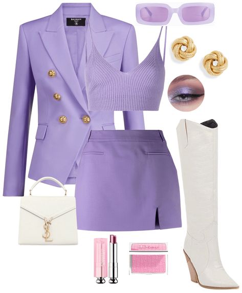 Pretty Purple Outfits, Purple Fancy Outfits, Purple Formal Outfit, Purple And Gold Outfit, Gold Outfit Aesthetic, Lilac Eye Makeup, Flamboyant Style, Outfit Ideas For Work, Lilac Eye