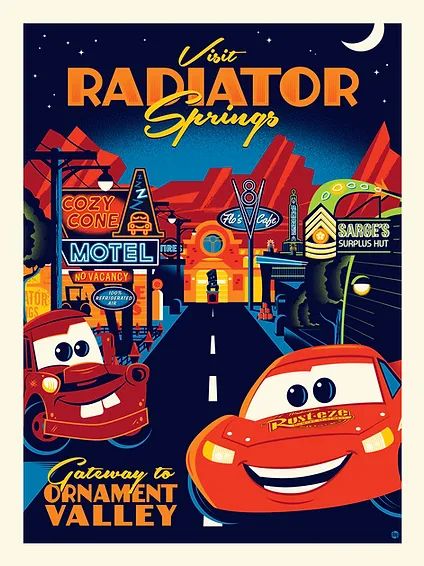 Cars Disney Pixar, Disney Cars Party, Radiator Springs, Cars Theme Birthday Party, Disney Print, Disney Posters, Movie Poster Art, Disney Pixar Cars, Pixar Cars