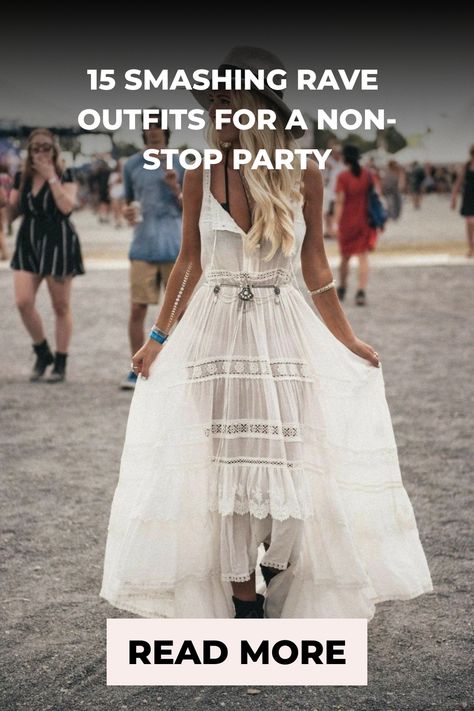 Woman in a layered white dress at an outdoor festival, with text overlay "15 Smashing Rave Outfits for a Non-Stop Party" and a call-to-action "Read More". Purple Butterfly Wings, Catsuit Outfit, Holographic Fabric, Purple Crop Top, Feather Skirt, Cowboy Girl, Rave Fashion, About Music, Music Dance