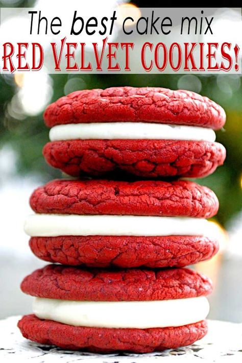 The best soft crinkle top red velvet cookies with cream cheese frosting! So festive for Christmas or Valentine's Day! [Recipe tested with Duncan Hines cake mix] Cake Mix Cookies Cream Cheese, Red Velvet Cake Mix Cookies, Cookies Cream Cheese, Red Velvet Sandwich Cookies, Cookies With Cream Cheese Frosting, Red Velvet Whoopie Pies, Cookies With Cream Cheese, Velvet Cookies, Red Velvet Cake Mix