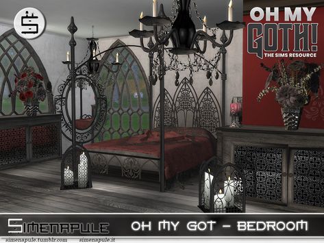 The Sims Resource - Oh My Goth - Bedroom Bedroom The Sims 4, Goth Bed, Sims 4 Cc Goth, Goth Houses, Traditional Goth, Goth Bedroom, Gothic Flowers, Sims 4 Bedroom, Candle Night