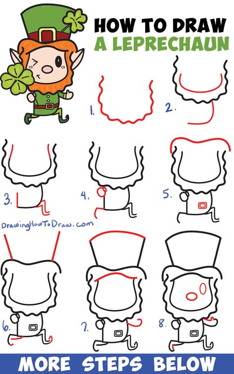 How to Draw a Cute Cartoon Leprechaun for Saint Patrick's Day Easy Step by Step Drawing Tutorial for Kids Draw A Leprechaun, Patrick Drawing, Saint Patricks Day Art, Fete Saint Patrick, Easy Step By Step Drawing, How To Draw Steps, Directed Drawing, Drawing Tutorials For Kids, Easy To Draw