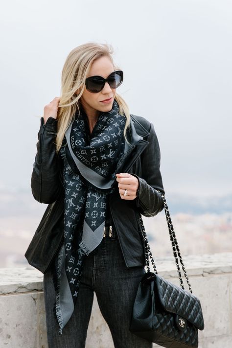 Stormy: Leather Moto Jacket with Louis Vuitton Scarf and Gray Denim - Meagan's Moda Black Winter Scarf, Luxury Scarf Outfit, Lv Scarf Outfit, Louis Vuitton Scarf Outfit, Louis Vuitton Tattoo, Lv Scarf, Scarf Ideas, Luxury Scarf, Louis Vuitton Scarf