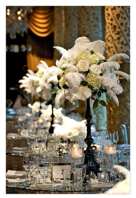 Gatsby Decorations, Roaring 20s Wedding, Gatsby Style Wedding, 20s Wedding, The Biltmore Estate, Gatsby Wedding Theme, Fox Wedding, Feather Centerpieces, Chic Vintage Brides