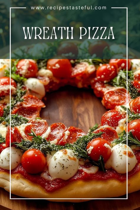 Celebrate the holidays with this fun and festive Wreath Pizza! Featuring a delicious pizza base adorned with fresh mozzarella balls and cherry tomatoes, this dish is perfect for gatherings and adds a creative touch to your holiday spread. Wreath Pizza Caprese, Mozzarella Tomato Basil Wreath, Holiday Pizza Ideas, Christmas Pizza Appetizers, Christmas Wreath Pizza, Christmas Pizza Night, Christmas Food Spread, Christmas Eve Pizza, Mozzarella Balls And Cherry Tomatoes