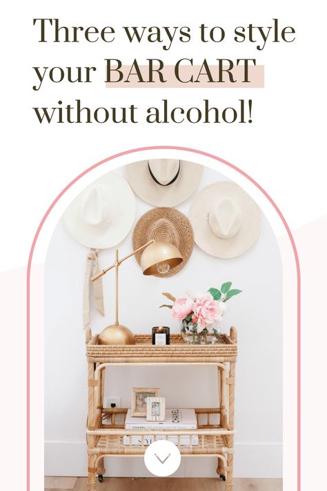 How to style your bar cart without alcohol. 3 unique ideas to decorate your bar cart that don't involve alcohol! Coffee bar cart, bar cart side table and summer drink station. Bar Cart Decor No Drinks, Bar Cart Without Alcohol, Bar Cart Aesthetic, Style Bar Cart, Cart Aesthetic, Style A Bar Cart, Bar Cart Inspiration, Bar Cart Ideas, Bars Ideas