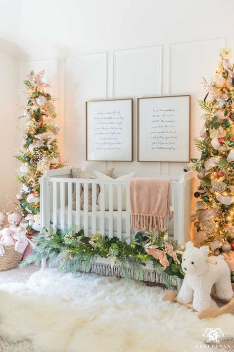 Baby Nursery Christmas Trees Flanking the Crib with nursery artwork hung about the crib. Love the Christmas decor in the nursery including colorful Christmas ornaments, green Christmas trees, green garland, and gender neutral nursery art. #christmasdecor #nurseryart #nurserydecor #holidaydecorating #christmastree Whimsical Bedroom Ideas, Christmas Lights In The Bedroom, Christmas Tree Colour Scheme, Nursery Christmas, Gender Neutral Nursery Art, Christmas Tree Forest, Whimsical Bedroom, Neutral Nursery Art, Gender Neutral Nursery Decor