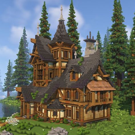 Airtug on Instagram: “Just a big ol medieval home I made #minecraft #minecrafts #minecraftbuilds #minecraftbuild #minecraftmeme #minecraftmemes #minecraftonly…” Mountain Top Castle Minecraft, Minecraft House Builds Ideas, Minecraft Houses With Tutorial, Massive Minecraft Houses, Minecraft Round Buildings, Dallasmed65 Minecraft House, Minecraft Base House, Minecraft Orphanage, Minecraft Large House Ideas