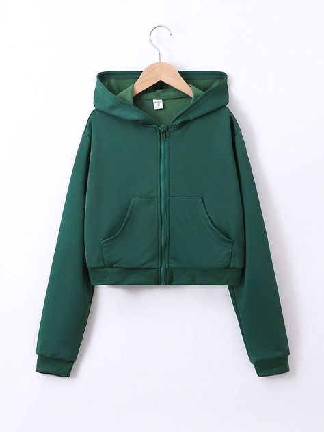 Dark Green Casual Collar Long Sleeve Polyester Plain Zip Up Embellished Non-Stretch  Teen Girls Clothing Green Zip Up Hoodie, Dark Green Jacket, Jacket For Girls, Dark Forest Green, Wardrobe Ideas, Wardrobe Style, Girl Sweatshirts, Dark Forest