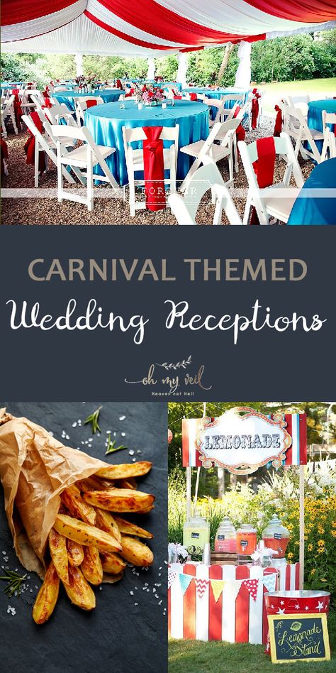 Carnival Themed Wedding Receptions ~ Oh My Veil-all things wedding-ideas, tips, and tricks Carnival Centerpieces, Carnival Themed Wedding, Carnival Wedding Theme, Vintage Carnival Wedding, Themed Wedding Reception, Wedding Reception Themes, Cocktail Wedding Reception, Circus Wedding, Wedding Reception Fun