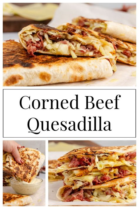 Corned beef quesadilla are a delicious and fun twist on the classic Irish dish. With warm tender corned beef, sautéed chopped cabbage, and melted Swiss cheese all stuffed into a crispy tortilla, every bite is bursting with flavor and texture. | corned beef and cabbage quesadilla | corned beef recipes easy | corned beef recipe ideas | corned beef lunch ideas | corned beef dinner recipes | quesadilla recipes easy | quesadilla flavors | unique quesadilla recipes | unique quesadilla ideas Corn Beef Dinner Ideas, Recipes With Corn Beef, Dinner Recipes Quesadilla, Beef Lunch Ideas, Leftover Corned Beef Recipes, Corn Beef Recipes, Quesadilla Ideas, Reuben Recipes, Tender Corned Beef