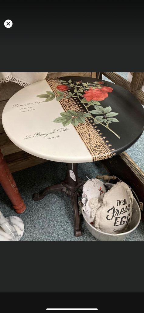 Painted Round End Tables, Decoupage Round Table Top, Decoupage Table Top Ideas, Round Side Table Makeover, Furniture Remake, Decoupage Table, Furniture Remodel, Painted Table Tops, Iod Transfers