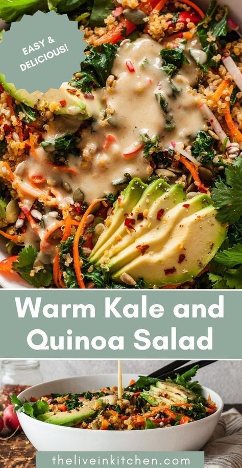 Quinoa Kale Sweet Potato, Kale And Bulgur Salad, Dino Kale Salad Recipes, Quinoa And Greens Salad, Kale And Peppers Recipe, Kale Grain Bowl, Tahini Quinoa Salad, Kale Superfood Salad, Spinach And Quinoa Salad