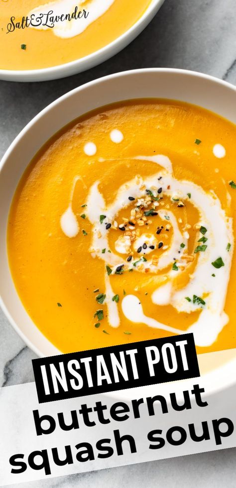 Cinnamon, nutmeg, and coconut milk make this silky Instant Pot butternut squash soup recipe incredibly tasty! It's a cozy soup that'll get you through cooler weather! Butternut Recipe, Veg Soups, Soup Butternut Squash, Instant Pot Butternut Squash Soup, Instant Pot Butternut Squash, Healthy Butternut Squash, Butternut Squash Apple, Butternut Squash Recipes Soup, Squash Soup Recipe