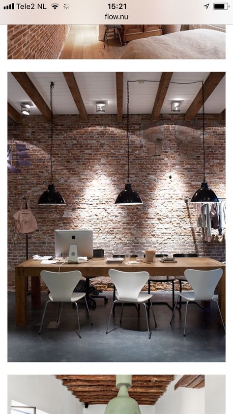 Brick Office Interior, Indoor Brick Wall Ideas, Brick Wall Office, Brick Office, Brick Interior Design, Greenery Wallpaper, Brick Studio, Brick Feature Wall, Brick Living Room