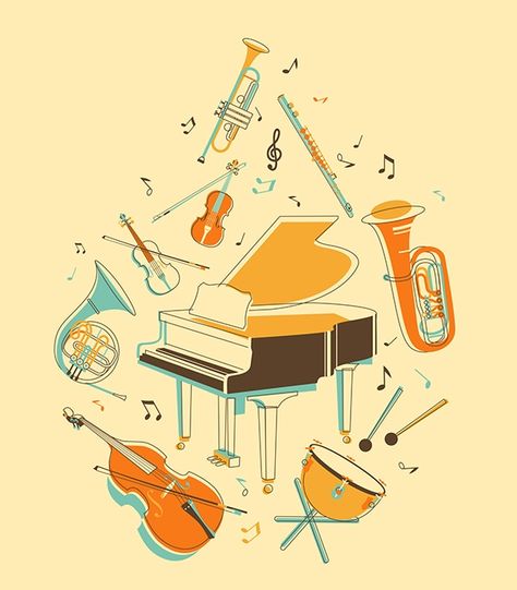 Classical Music Illustration, Music Illustration Poster, Music Illustration Artworks, Music Instruments Illustration, Musical Instruments Illustration, Musical Instruments Art, Violin Illustration, Musical Illustration, Instrument Illustration