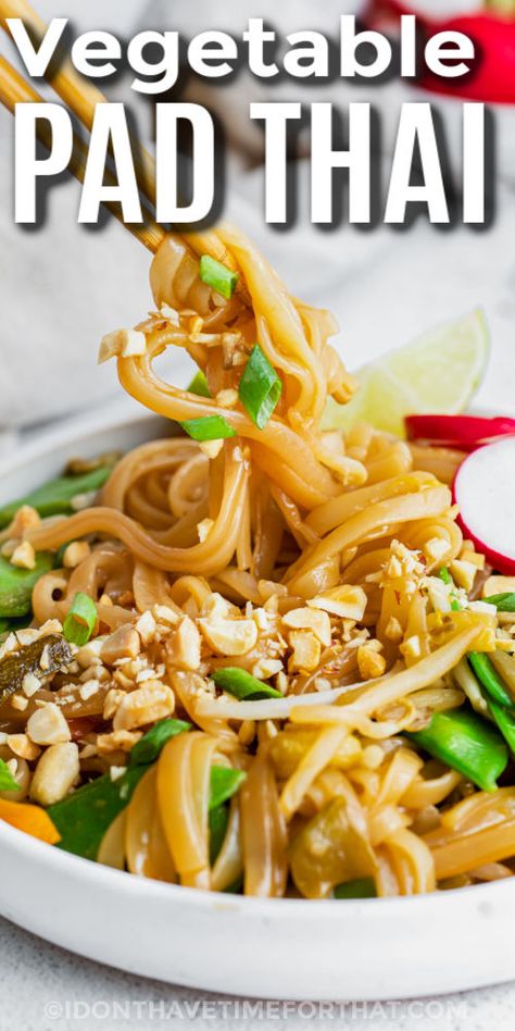 Vegetable Pad Thai in a bowl with chopsticks and writing Food And Calories, Veggie Pad Thai, Vegetable Pad Thai, Instant Pot Pasta Recipe, Electric Pressure Cooker Recipes, Marinated Tofu, Instant Pot Soup Recipes, Best Instant Pot Recipe, Instant Pot Soup