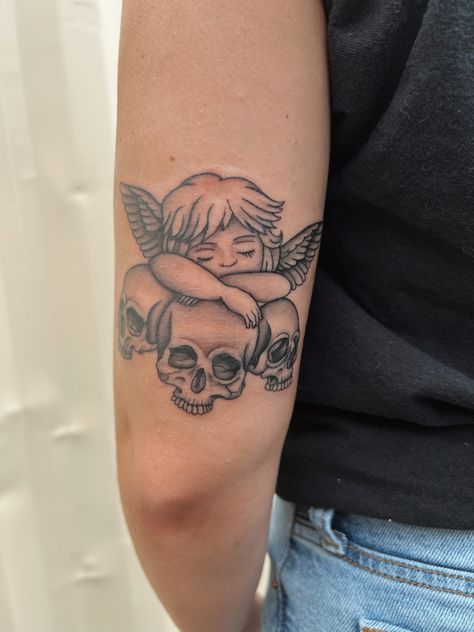 Angel On Skull Tattoo, Cherub Skull Tattoo, Brianna Chickenfry Tattoo, Skull And Angel Tattoo, Baby Cherub Tattoo, Skull Angel Tattoo, Evil Cherub Tattoo, Devil Cherub Tattoo, Angel Skull Tattoo