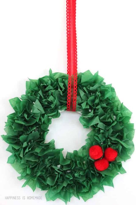 Kids Christmas Craft - Tissue Paper Wreath Kid Wreath Craft, Preschool Wreath Craft, Tissue Paper Christmas Crafts, Christmas Wreath Crafts For Kids, Paper Wreath Diy Christmas, Paper Plate Christmas Wreath, Tissue Paper Wreath, Kids Wreath, Tissue Craft