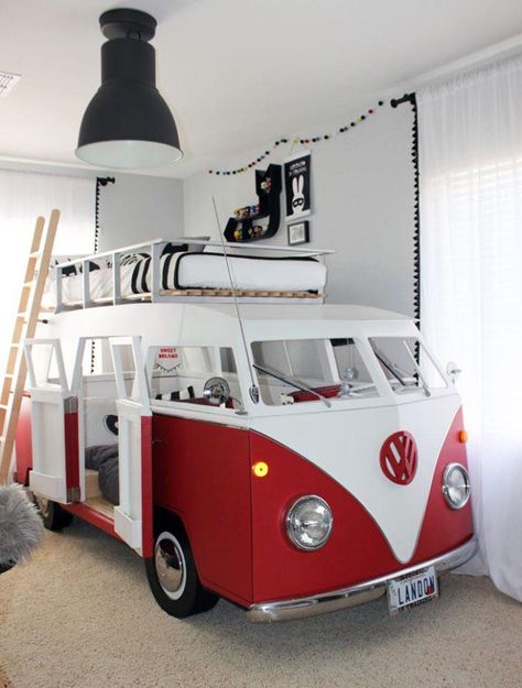 The perfect bunk bed for Vdub kids! Camper Bunk Beds, Unique Bed Design, Bunk Beds Boys, Mommo Design, Bus Interior, Kids Bunk Beds, Unique Beds, Boys Bedding, Big Boy Room