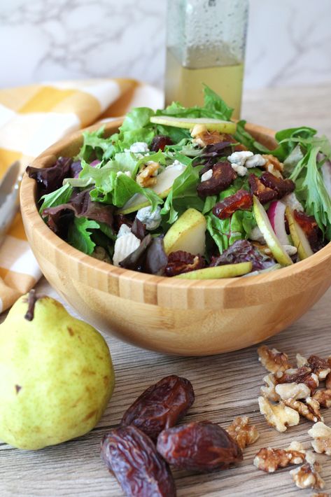 Date Me Salad, Date Salad, Date Recipes Healthy, Salad With Dates, Mixed Green Salad, Blue Cheese Crumbles, Homemade Vinaigrette, Olive Oil Dressing, Oil Dressing