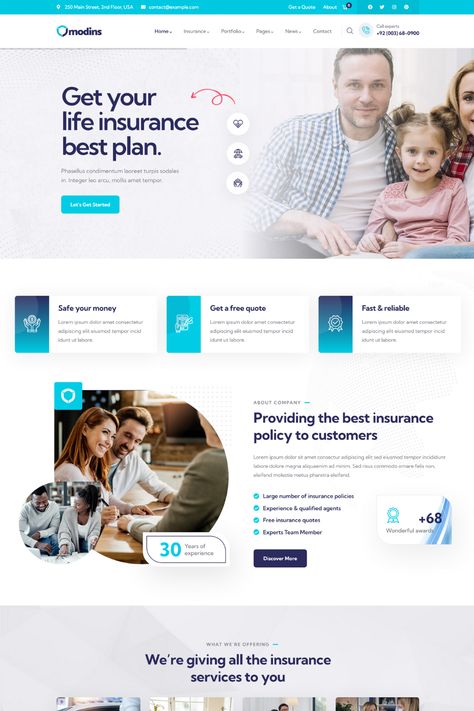 Modins is a sleek and professional Insurance & Finance WordPress Theme, perfect for insurance and financial companies, financial advisors, and other related businesses. It features a modern and responsive design, customizable color options, and multiple homepage layouts. The theme includes a variety of widgets and shortcodes for easy customization, and a powerful admin panel for complete control over your website. Life Insurance Website Design, Insurance Website Design Inspiration, Modern Website Design Creative, Insurance Website Design, Business Banner Design, One Page Website Design, Banner Design Templates, Website Design Inspiration Business, Finance Website