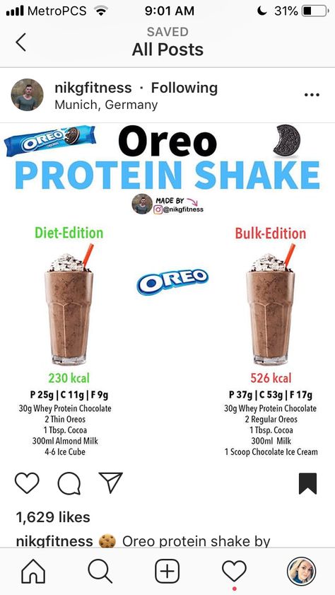 Chocolate Whey Protein Shakes, Chocolate Protein Powder Recipes Shakes, Protein Shake Recipes Without Powder, Whey Protein Shake Recipes, Oreo Protein Shake, Whey Protein Recipes Shakes, Protein Powder Recipes Shakes, Gym Meals, Food Polls