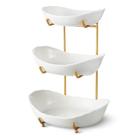 PRICES MAY VARY. ❤【3 Tier Fruit Basket Save Space】: You will get a high-quality ceramic fruit basket set (10.4x7.7x14.6in / 26.5x19.6x37cm), including 1 large porcelain bowl (10.4x7.5x2.8in / 26.5x19x7cm), 1 medium porcelain bowl (9.2x6.5x2.5in / 23.4x16.6x6.3cm), 1 small porcelain bowl (8x5.8x2in / 20x14.7x5cm ) and a golden metal stand. ❤【Wide Application】: Our serving ceramic bowls have a large and flat bottom, combining the advantages of serving platter/ serving dishes. You can use it as a c Nuts Cake, Basket For Fruit, Ceramic Serving Bowls, Tiered Fruit Basket, Ceramic Fruit Bowl, Fruit And Vegetable Storage, Serving Bowl Set, Vegetable Storage, Fruit Stands