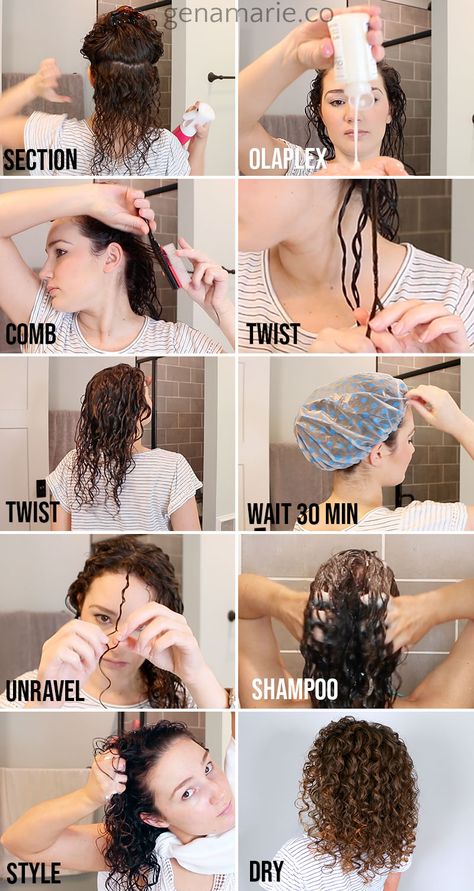 1. Section off damp hair 2. Apply Olaplex No 3. or a deep conditioner 3. Pick up small sections, and comb through to see which direction it naturally curls 5. Split the section it into 2 pieces. The smaller the sections, the tighter the curl. Starting at the top, wrap the 2 pieces around each other in the natural direction of your curl pattern. 6. After creating twists all over, let it sit for 30 minutes. 7. Unravel the twists starting at the bottom and working your way up. 8. Shampoo afterwards Curl Training, Cantu Hair Products, Wavy Hair Care, Curly Hair Care Routine, Curl Your Hair, Thicker Fuller Hair, Tight Curls, Curly Girl Method, Curly Hair Routine