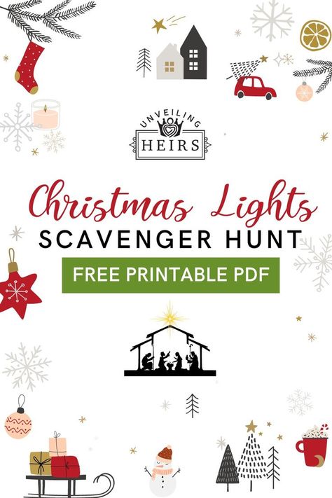 Take friends and family and give this scavenger hunt a try.

To play along, download the free pdf below.

Share pictures on social media by tagging @unveilingheirs Christmas Light Scavenger Hunt Printable, Printable Christmas Lights, Christmas Story Bible, Christmas Lights Scavenger Hunt, Christmas Light Scavenger Hunt, Scavenger Hunt List, Best Christmas Lights, Raising Godly Children, Traditional Colonial