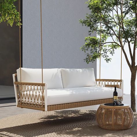 Ropipe Boho 2-Seater Khaki Woven Rope Outdoor Patio Swing Sofa with White Cushion Hanging Sofa Indoor, Swings In Balcony, Swing In Balcony, Swing In Living Room, Daybed Outdoor, Room Swing, Backyard Swings, Swing Chair Outdoor, Hanging Beds