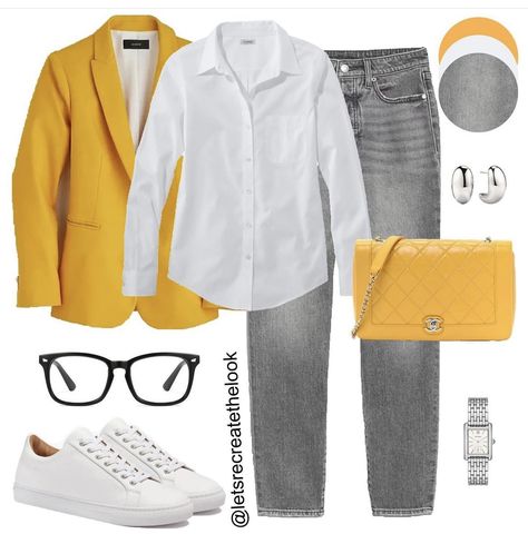 Yellow Jeans Outfit, Burgundy Blazer Outfit, Yellow Blazer Outfit, Mustard Yellow Outfit, Mustard Outfits, Outfit Ideas Everyday, Shade Of Yellow, Blazer Outfits Casual, Looks Jeans