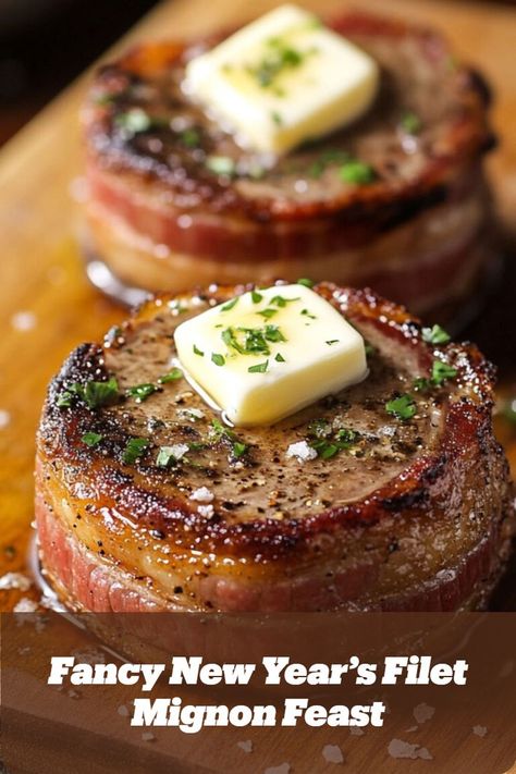 Juicy filet mignon wrapped in crispy bacon, a show-stopping centerpiece for the best New Year’s Eve dinner menu ideas for two or a fancy celebration feast. Nye Dinner Ideas, Bacon Wrapped Filet Mignon, Filet Recipes, Bacon Wrapped Filet, Nye Dinner, Filet Mignon Recipes, Fancy Dishes, New Years Eve Dinner, Dinners To Make