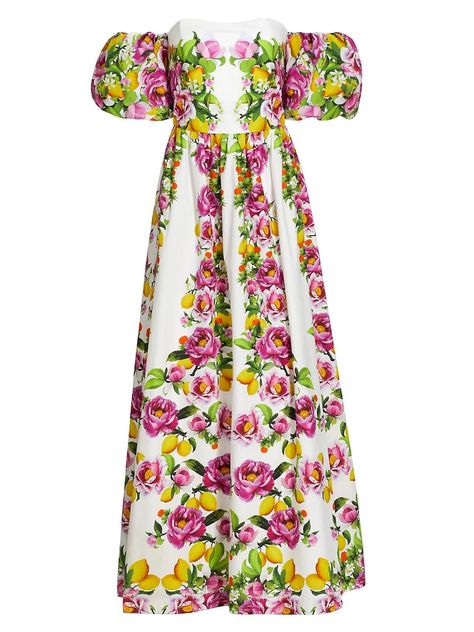 Borgo De Nor, Lemon Print, White Maxi Dresses, Guest Dresses, Designer Outfits Woman, A Line Skirt, Sweetheart Neckline, Puff Sleeves, A Line Skirts