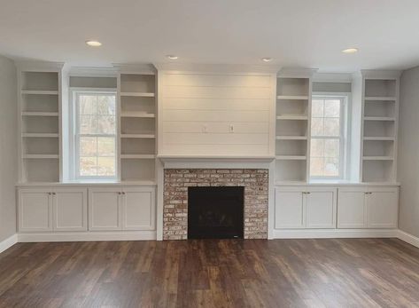 Low Cabinets Next To Fireplace, Fireplace Flanked By Bookcases, Built In Shelves With Windows, Built Ins With Windows, Offset Fireplace Living Rooms, Fireplace Between Two Windows, Playroom Remodel, Bookshelves Around Fireplace, Western House