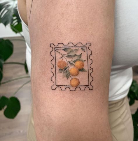 Tattoos Of Oranges, Orange Post Stamp Tattoo, Orange Postage Stamp Tattoo, Italy Themed Tattoos, Orange Stamp Tattoo, Italy Stamp Tattoo, Mandarin Tattoo, Mediterranean Tattoo, Orange Tree Tattoo