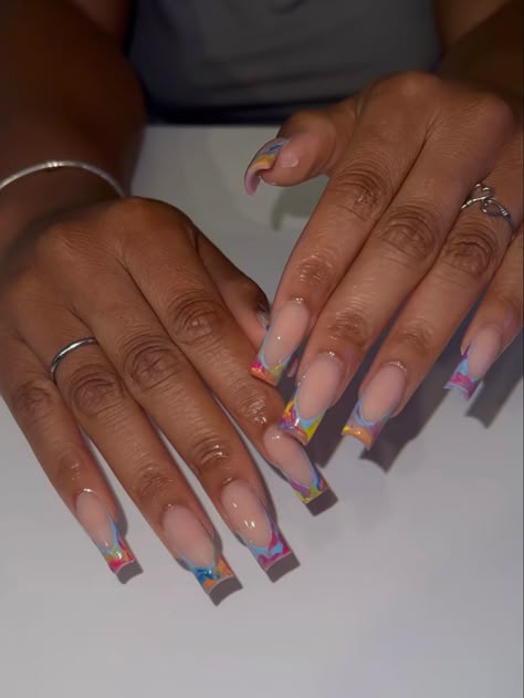 Long Square Nails Design Ideas Summer, Clear Nails Black Women, Clear Tapered Square Nails, Clear Acrylic Nails On Black Women, Nails Acrylic Vacation, Overlay Nail Ideas, Aura Nails Tapered Square, Orange Acrylic Nails Tapered Square, Vacation Nails Black Women