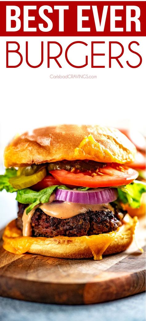 The Best Burger recipe on your table in minutes!  Tender, juicy, flavorful, infused with seasonings and either topped with cheese or sandwiched in between toasted cheddar jalapeno buns!  #burger #burgerrecipe #hamburger #cheeseburger via @carlsbadcraving Cheesy Buns, Hamburger Recipes For Dinner, Best Burger Recipe Ever, Best Hamburger Recipes, Burgers On The Stove, Best Homemade Burgers, Best Burger Recipe, The Best Burgers, The Best Burger