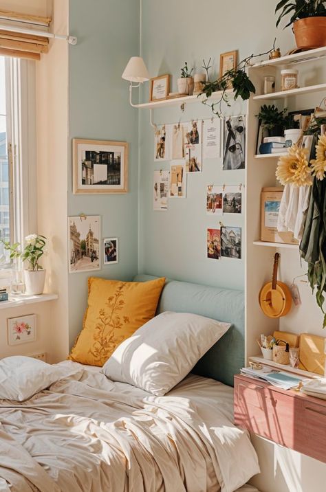 Bedroom Aesthetic Bright, College Dorm Room Design Ideas, Blue And Yellow Dorm Room, Plants Vases, Mini Bedroom, Cozy Dorm, Shelves For Bedroom, Cozy Dorm Room, Blue Comforter