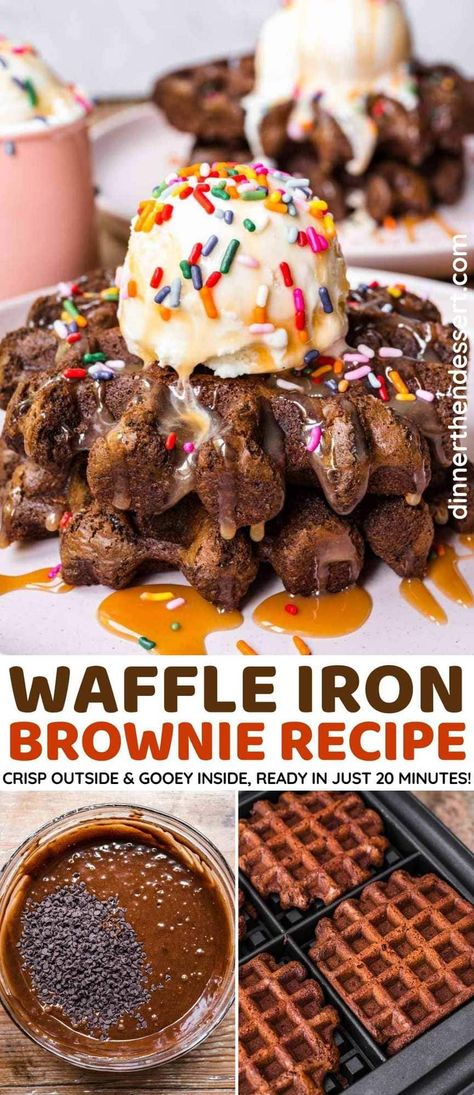 Waffle Iron Brownies are made with the perfect chocolatey, gooey brownie batter perfect to top off with whipped cream! Perfect for breakfast, dessert, or holidays! Waffle Iron Recipes Dinner, Waffle Iron Recipes Easy, Waffle Iron Brownies, Waffle Desserts, Waffle Ideas, Brownie Waffles, Waffle Cone Recipe, Pastries Recipes, Waffle Iron Recipes